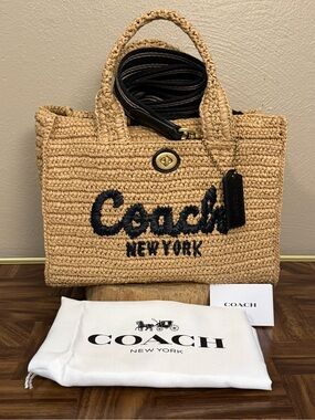 Cargo Embroidered Logo Straw Tote Bag Crossbody Tan Black NWOT